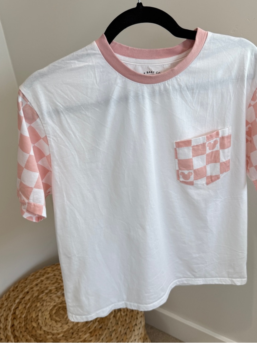 Disney White Tee with Pink Mickey Checker Pocket & Sleeves